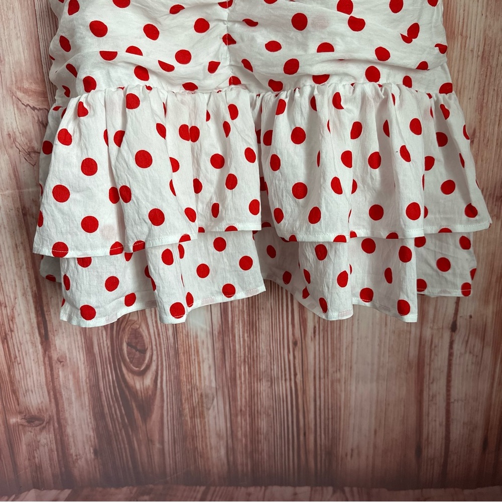 Endless Rose White Retro Style Red Polka Dot Ruffle Hem Ruched Mini Dress Size M - Picture 9 of 16